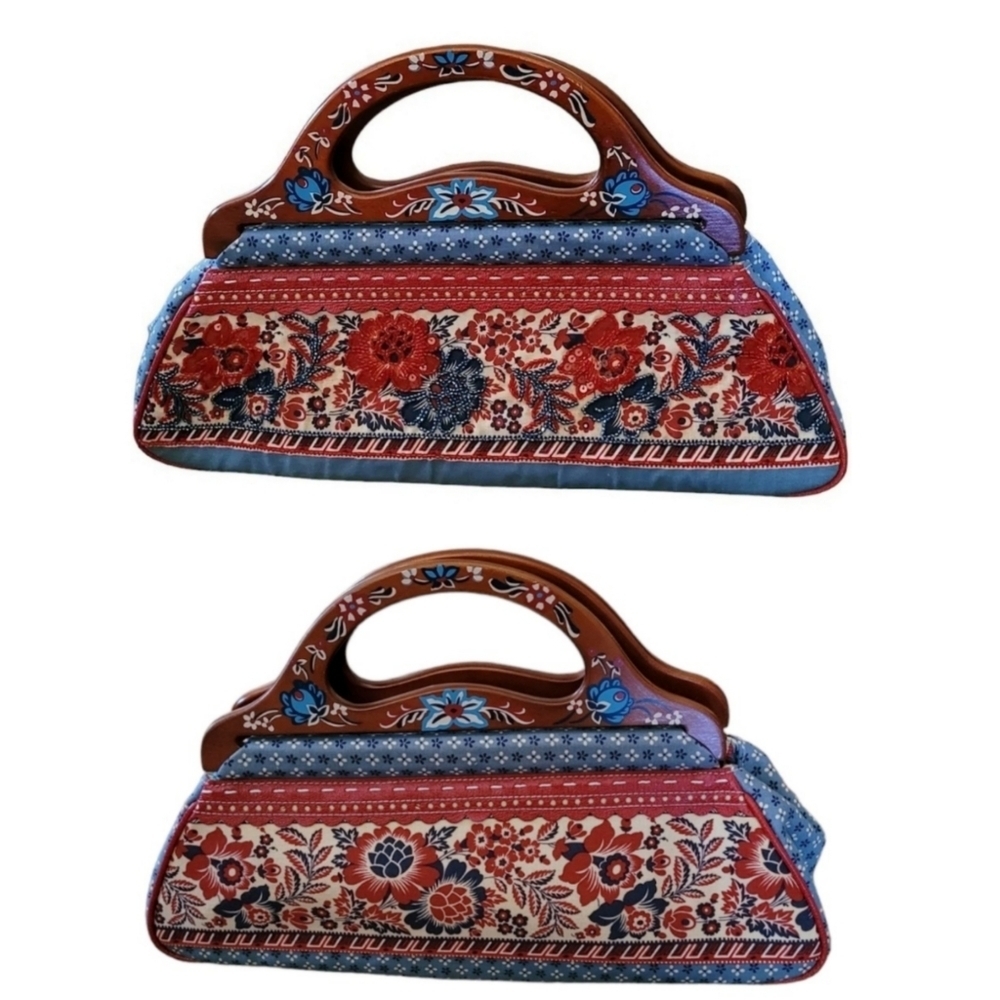 Isabella Fiore Beaded Floral Handbag Blue Red Wood Handle Boho Vintage‎ Style